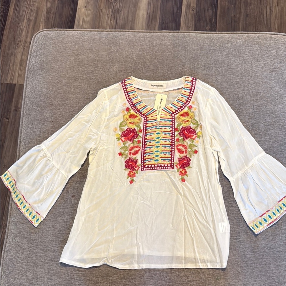 Embroidered White Top with Floral Accents from Impressions NWT size L